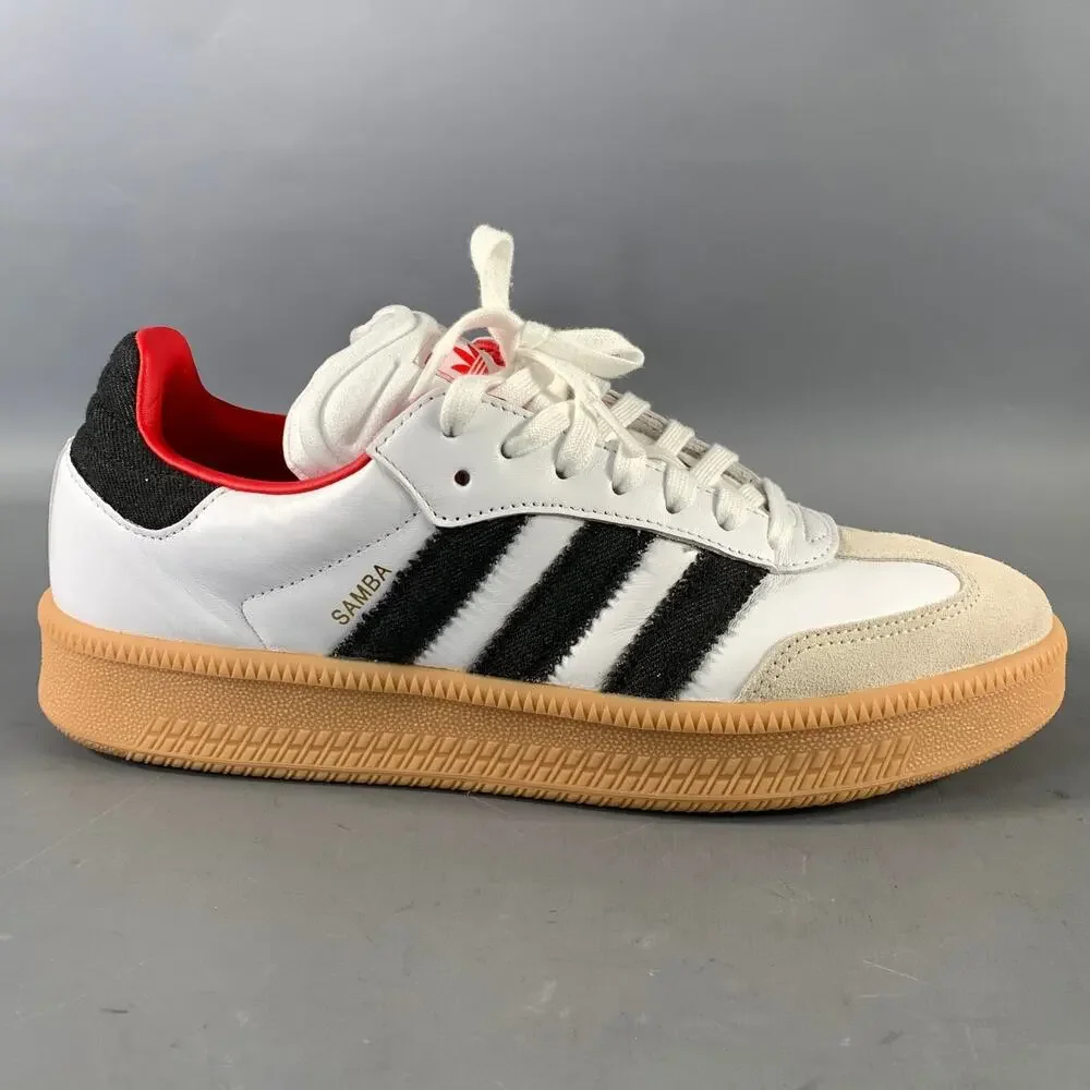 ADIDAS Size 11 White Black Stripe Leather Low Top Sneakers